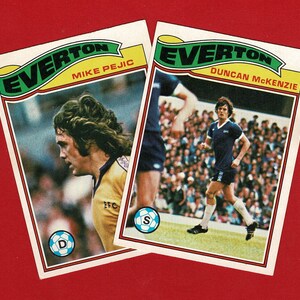 EVERTON F.C. CARTAS DE FÚTBOL, Cartas coleccionables de chicle de futbolista originales de 1978, Topps, McKenzie & Pejic, Regalo para fanáticos del fútbol (RI05)