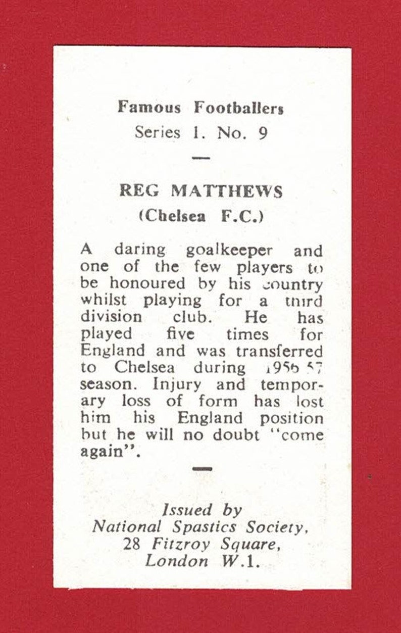 REG MATTEWS - Original 1950's Confectionery Football Trade Card ...