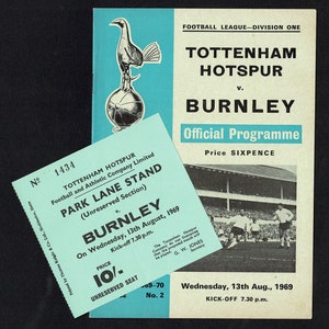 1969 - SPURS v Burnley Football Programm & Spiel TICKET - Tottenham Hotspur - August 1969 - League Abteilung I - THFC Fußball Fan Geschenk (SR24)