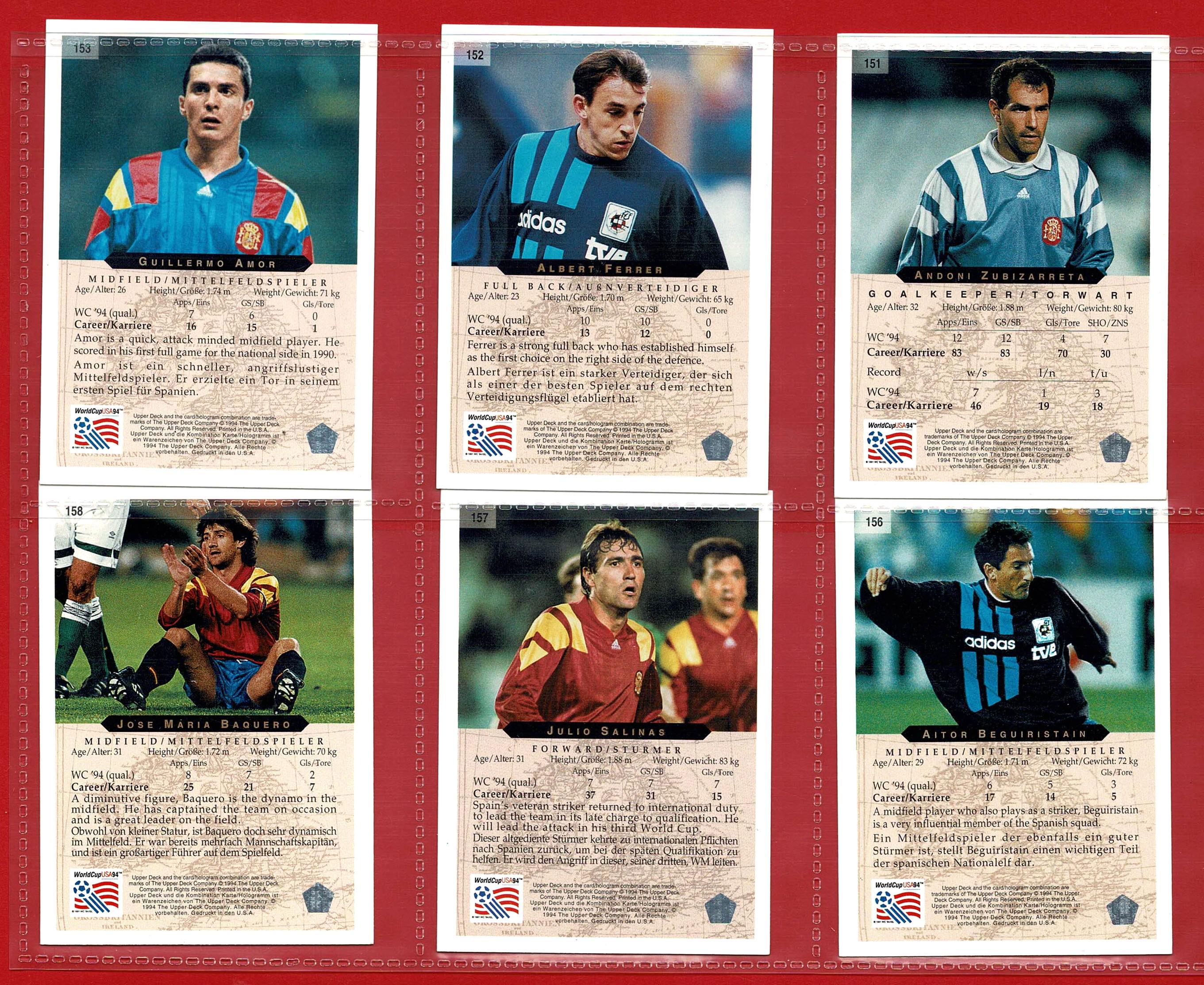 SPAIN FOOTBALLERS - Original 1994 Football Trading Cards - U.S.A.