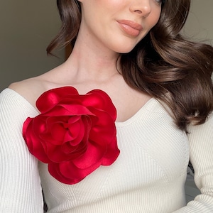 Red Silk Rose Flower Brooch