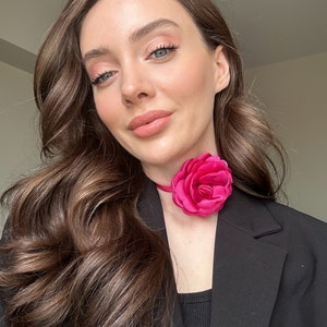 Fuchsia Rose Flower Choker Necklace,