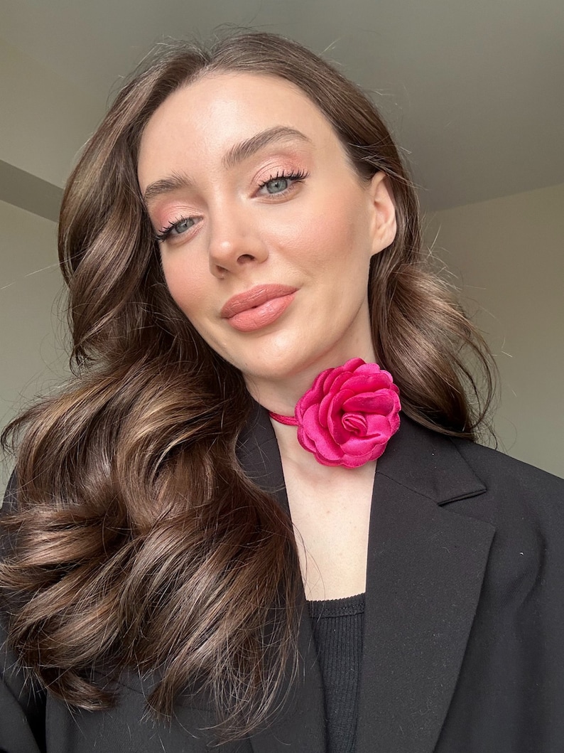 Fuchsia Rose Flower Choker Necklace,