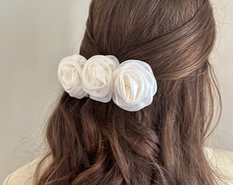 Clip de pelo de flor de rosa, clip de garra de pelo de rosa vintage, horquilla de flor de tela blanca y rosa, accesorios para el cabello para niña