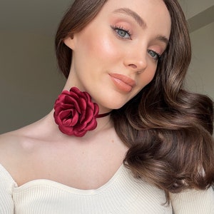 Burgundy Rose Flower Choker Necklace, Handmade