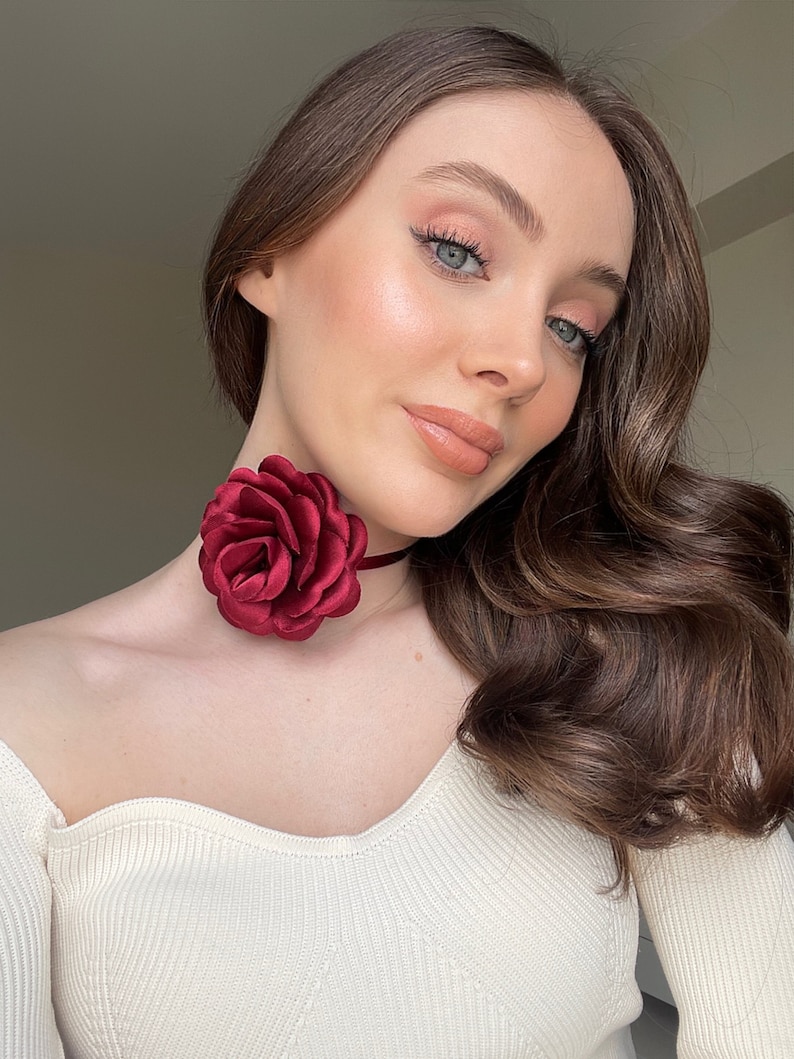 Burgundy Rose Flower Choker Necklace, Handmade