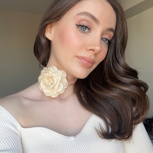 Beige Rose Flower Choker Necklace, Handmade