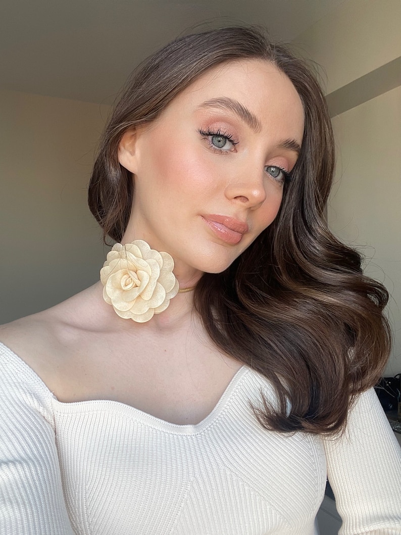 Beige Rose Flower Choker Necklace, Handmade