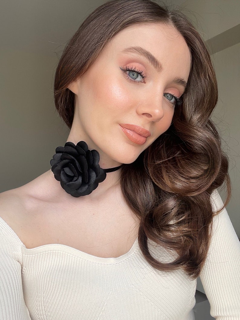 Black Rose Flower Choker Necklace, Handmade