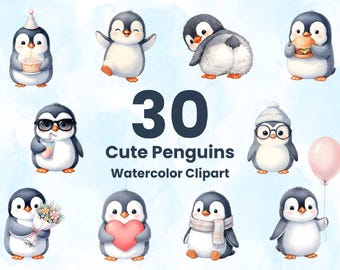 Penguin Watercolor Clipart Bundle, 30 PNG Files, Nursery Baby Shower Clipart, Sublimation PNG, Transparent Background, Commercial Use