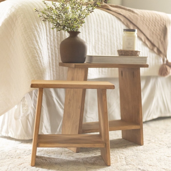 wood plant bench + stand | milking stool | small wooden stool | rustic wood bath bench + shower stool | skinny entryway + hallway bench