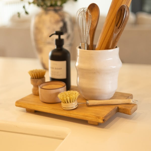 decorative wood pedestal + plant stand | wooden centerpiece tray | modern farmhouse wood riser | kitchen + bathroom soap stand | island tray