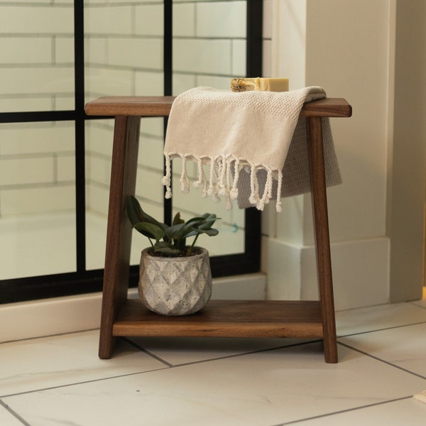 rustic plant bench + stand | milking stool | small wooden stool | wood bath bench + shower stool | skinny entryway + hallway bench