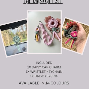 Gift set, Daisy keyring, Macrame wristlet, rear view mirror charm, car charm, giftsforher, birthday gift idea, new car gifts, Christmas.