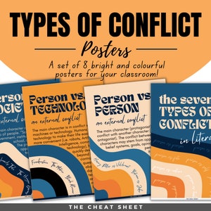 May include: A set of eight colorful posters with a retro design, illustrating different types of conflict in literature. The posters feature the text "Person vs Society", "Person vs Technology", "Person vs Person", and "The Seven Types of Conflict in Literature".