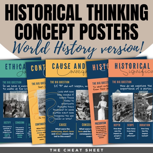 Posters sur les concepts de la pensée historique - Version histoire du monde ! Posters pour la classe d'histoire du secondaire ou du collège - Un lot de 6 !