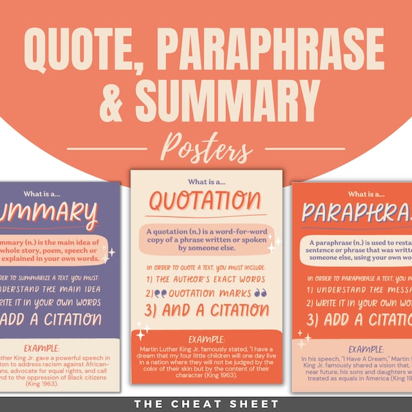 Quote, Paraphrase & Summary Posters; Posters for the High School or Middle School English Classroom! A Set of 3 Posters
