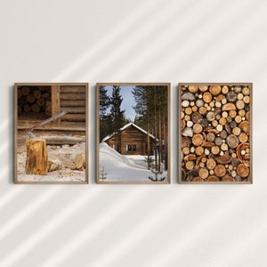 以下が含まれることがあります： 冬の小屋のシーン、積み重ねられた丸太の山、そして手前に斧のある木造小屋の3つの額装されたプリントです。