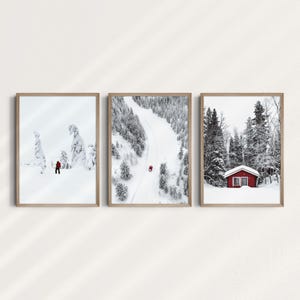 Op de afbeelding: Drie ingelijste winterlandschapsfoto's. De eerste toont een besneeuwd bos met een persoon in rood die in de sneeuw staat. De tweede toont een besneeuwde weg die door een bos slingert. De derde toont een rode hut in een besneeuwd bos.