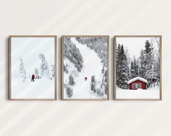 Set of 3 Red Hut in the Snow, Winter Finnish Lapland, Christmas Decoration, Christmas, Winter Wall Print, Scandinavian, Printable Wall Art