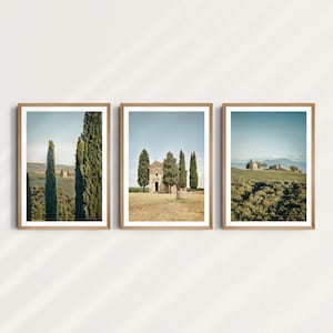Set of 3 Tuscany Prints, Printable Wall Art, Madonna di Vitaleta Chapel, Italian Landscape, Val d&#39;Orcia, Cypress, Digital Download