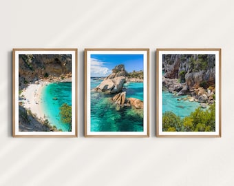 May include: Three framed photographs of a rocky coastline with turquoise water. The photos show different perspectives of the same beach.