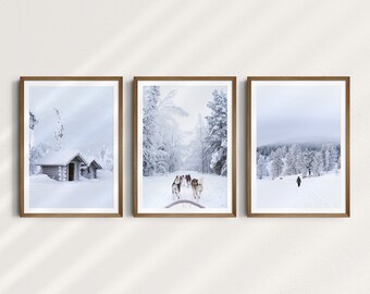 Set of 3 Winter Landscape with Sled Dogs, Printable Wall Art, Finnish Lapland, Hut, Winter Hike, Husky, Dogs, Digital Download
