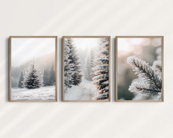 Winter Landscape Wall Art Set of 3, Snowy Pines & Forest Path, Nature Photography, Digital Download, Cozy Winter Decor for Home
