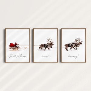 3-Piece Set Santa Claus on Reindeer Sleigh, Christmas Decor, Wall Print Winter, Christmas, Printable Wall Art, Festive Reindeer, Digital Art