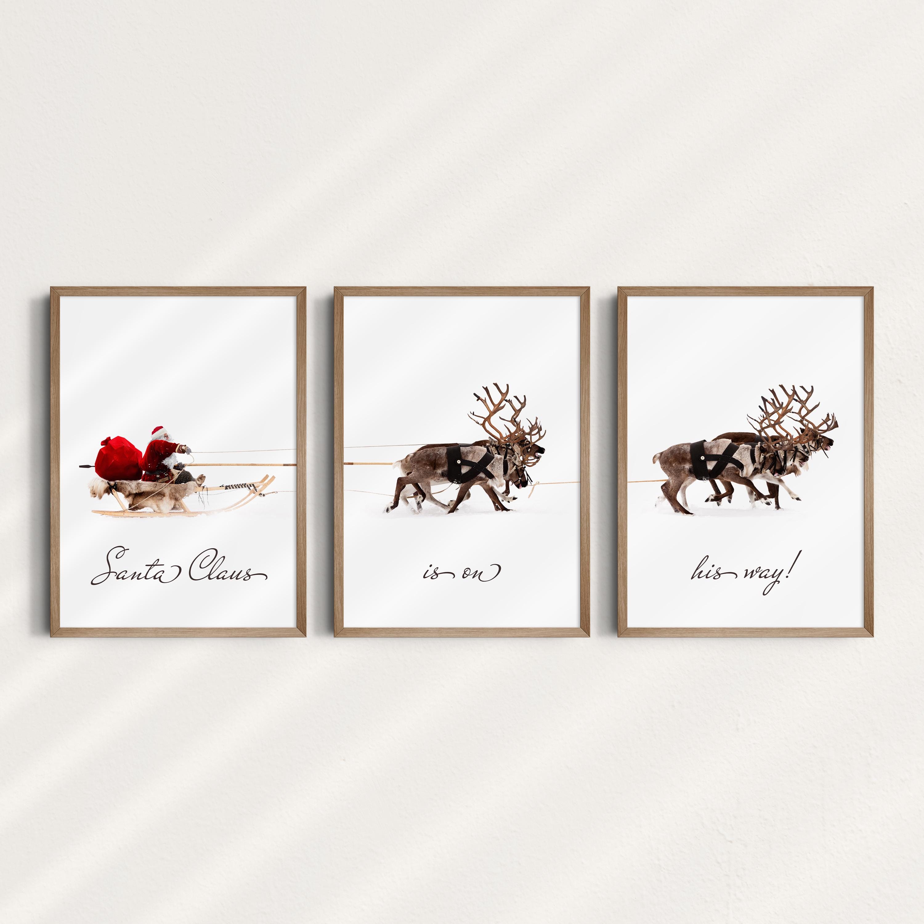 3-Piece Set Santa Claus on Reindeer Sleigh, Christmas Decor, Wall Print Winter, Christmas, Printable Wall Art, Festive Reindeer, Digital Art