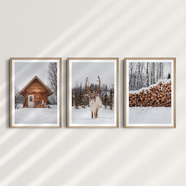 Set of 3 reindeer in the snow, wooden hut in Finnish winter, Lapland, Christmas decoration, mural, print, printable wall art, digital download