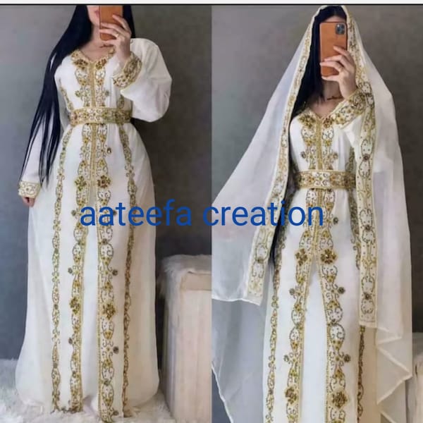 Cream colourCaftán marroquí Abaya para mujer, caftán Dubái, muy elegante, vestido largo bordado farasha