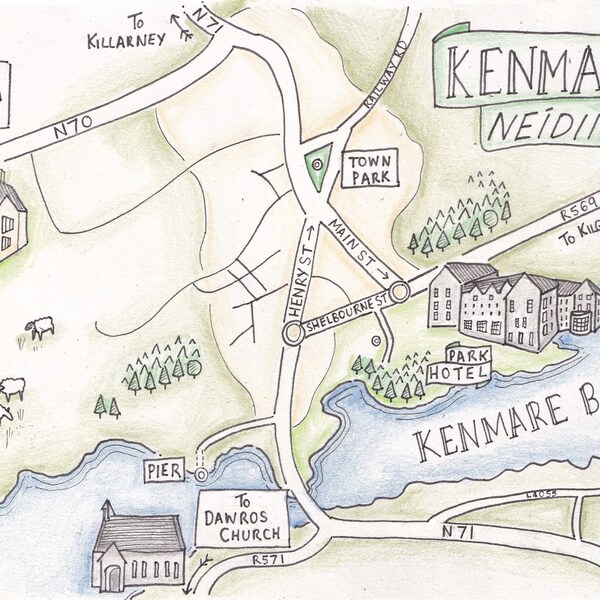 A5 Digital download, custom hand drawn colour map // Wedding and party locations road map // Personalised map and illustration