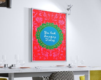 May include: A white dining table with four chairs. Two chairs are yellow, one is black and white, and one is gray. The table is set with glasses and plates. A framed poster with the text "You look amazing today" hangs on the wall behind the table.