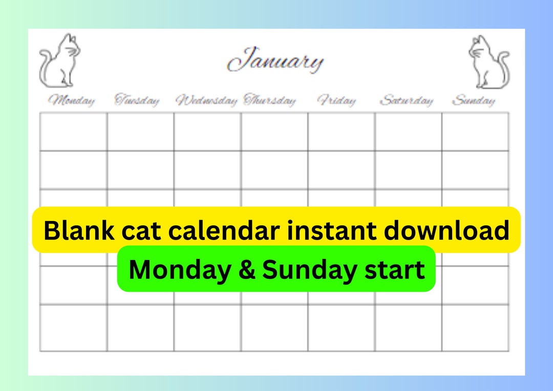 Blank Monthly Calendar, Monday and Sunday Start,simple Printable ...