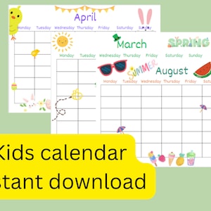 Kids Calendar, Fun Kids Calendar, Instant Printable Children's Calendar ...