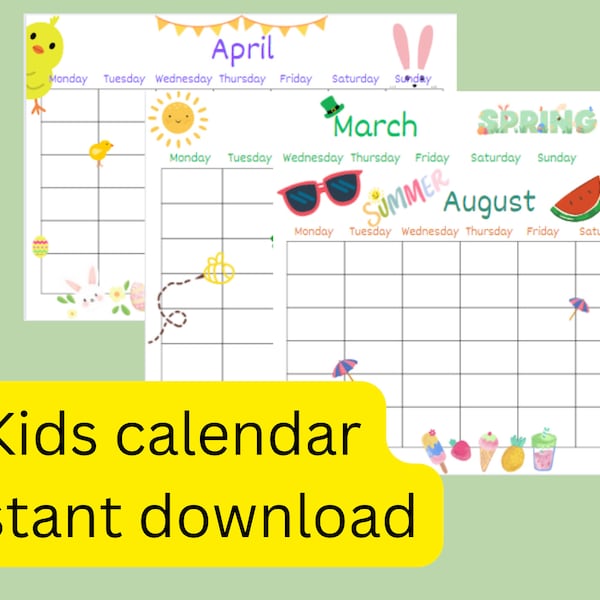 Kids calendar, fun kids calendar, Instant printable Children's calendar, blank calendar kid, printable calendar, kids monthly calendar print