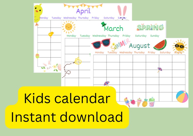 Kids Calendar, Fun Kids Calendar, Instant Printable Children's Calendar ...