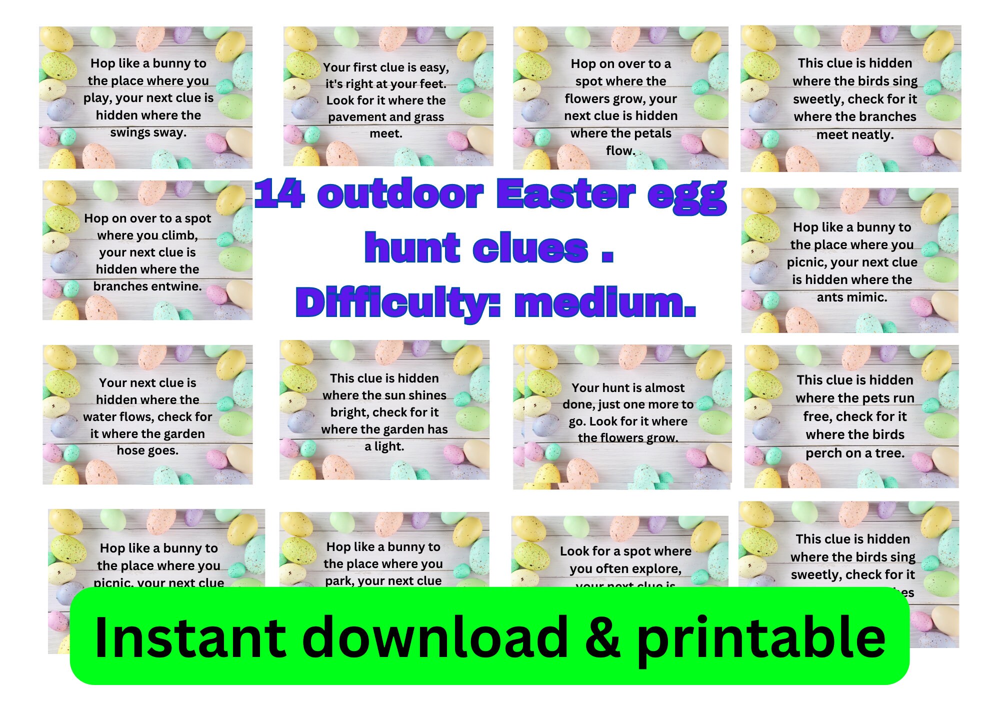 Easter Egg Hunt Clues for Outdoor Scavenger Hunt. Difficulty; Medium