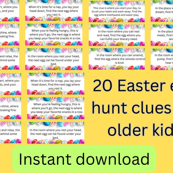 20 Easter egg hunt clues for older kids. Easter egg scavenger hunt for older kids. Easter egg hunt clues. Instant download and printable.