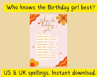 Who knows the birthday girl best? Instant download and printable activity for Birthday girl parties! Birthday printable, birthday downloads.