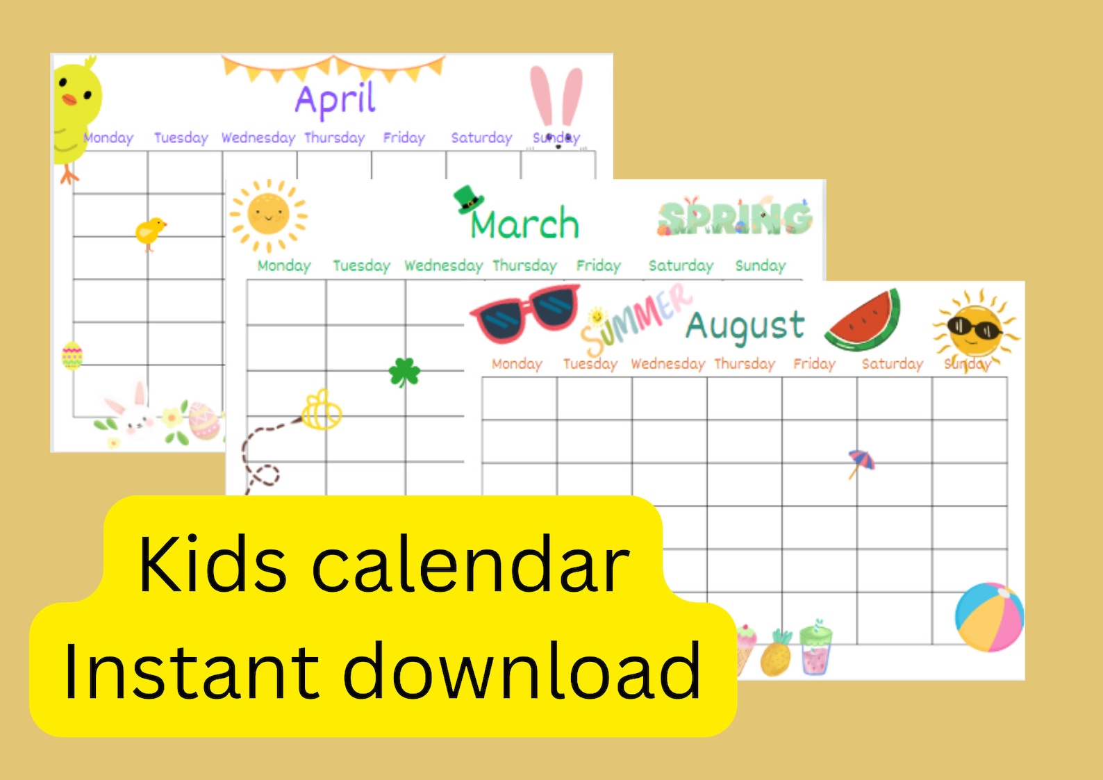 Kids Calendar, Fun Kids Calendar, Instant Printable Children's Calendar ...