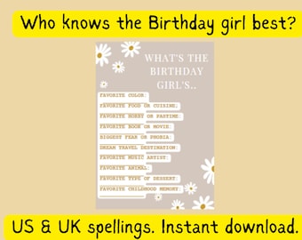 Who knows the birthday girl best? Instant download and printable activity for Birthday girl parties! Birthday printable, birthday downloads.