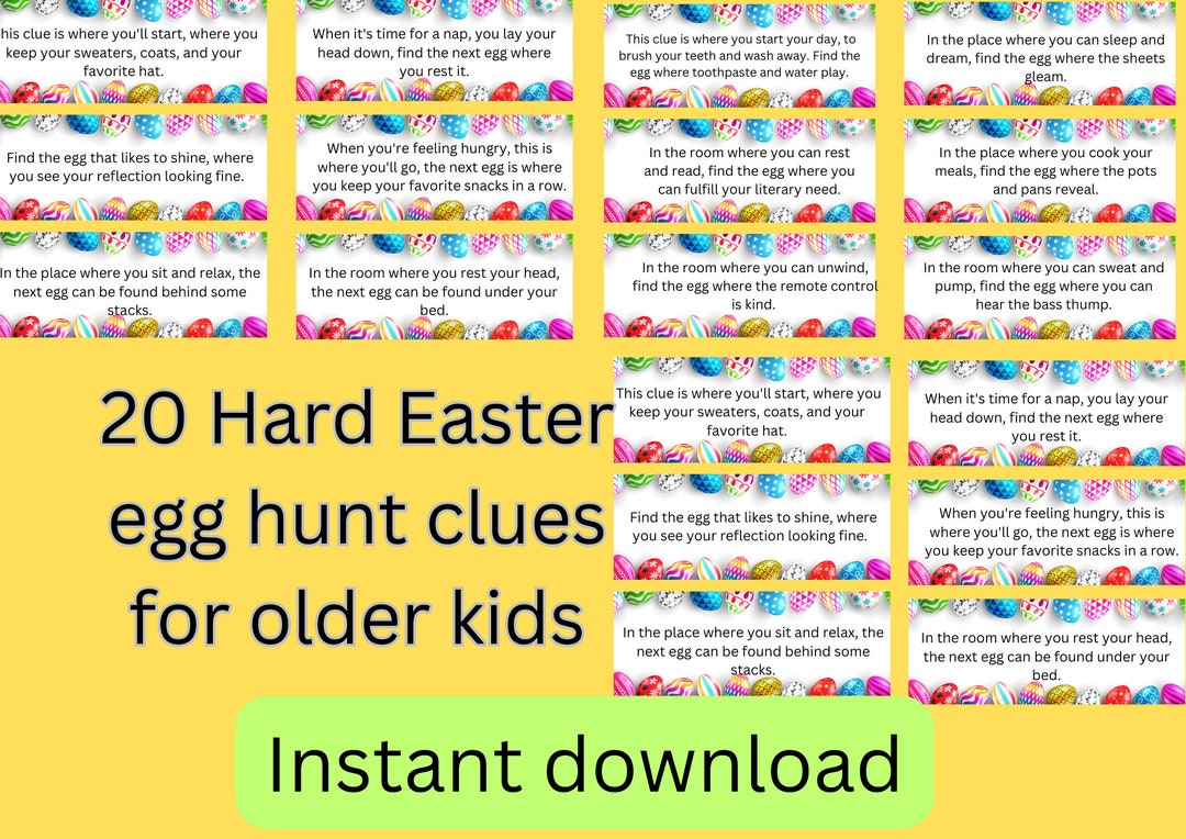 20 Hard Easter Egg Hunt Clues for Older Kids. Easter Egg Scavenger Hunt