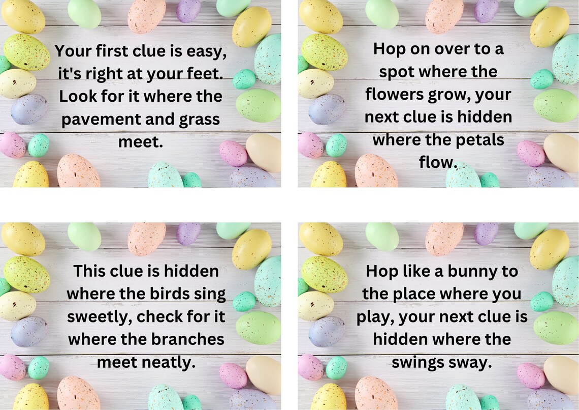 Easter Egg Hunt Clues for Outdoor Scavenger Hunt. Difficulty; Medium ...