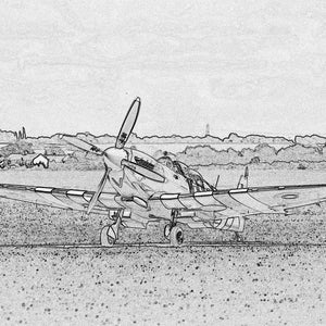 Vintage Spitfire Fighter Pencil Sketch, Black & White Wall Print Instant Download