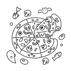 May include: A black and white cartoon illustration of a pizza with a slice removed. The pizza is decorated with cartoon eyes, mushrooms, and worms. Surrounding the pizza are other cartoon elements, including a ghost, fish skeleton, and bat.
