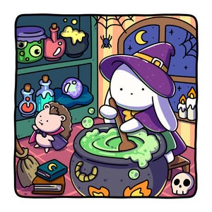 May include: A whimsical illustration of a bunny witch stirring a bubbling green potion in a cauldron. The scene includes a hedgehog, potion bottles, a skull, and a night sky with a crescent moon, evoking a Halloween theme.