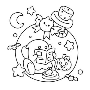 May include: A black and white Halloween-themed illustration featuring a ghost reading a book inside a circle. The image includes a crescent moon, stars, bats, a pumpkin, a cat, and a top hat.
