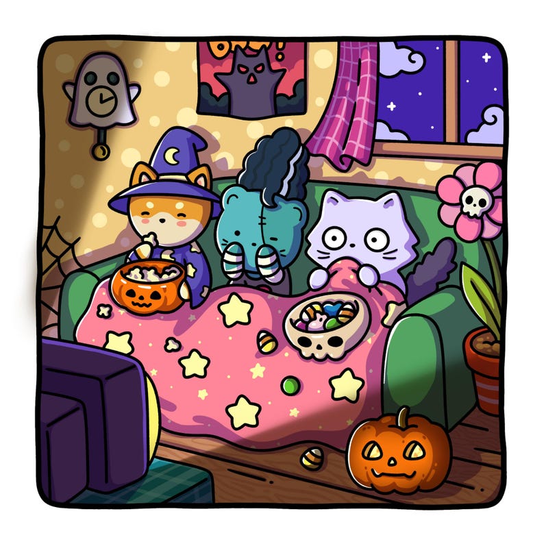May include: A cartoon illustration of a Halloween scene. Three costumed characters are on a green couch under a pink blanket with stars. A Shiba Inu in a witch hat, a Frankenstein's monster, and a cat are watching TV. A jack-o'-lantern and a ghost decoration are also present.